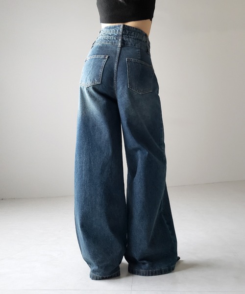 me+em select(ミームセレクト)の「【2color /4size 】カットアウトダブルハイウエストワイドデニム / cutout double high waist wide denim(デニムパンツ・レディース・ブルー/ブラック・MEDIUM/SMALL/X-LARGE/LARGE)」の9枚目の写真