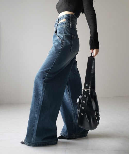 me+em select(ミームセレクト)の「【2color /4size 】カットアウトダブルハイウエストワイドデニム / cutout double high waist wide denim(デニムパンツ・レディース・ブルー/ブラック・MEDIUM/SMALL/X-LARGE/LARGE)」の10枚目の写真