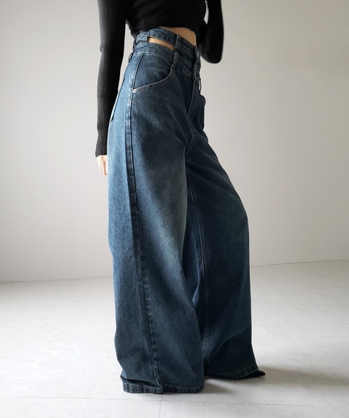 2color ／4size 】カットアウトダブルハイウエストワイド