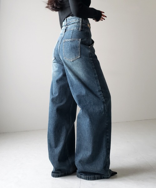 me+em select(ミームセレクト)の「【2color /4size 】カットアウトダブルハイウエストワイドデニム / cutout double high waist wide denim(デニムパンツ・レディース・ブルー/ブラック・MEDIUM/SMALL/X-LARGE/LARGE)」の13枚目の写真