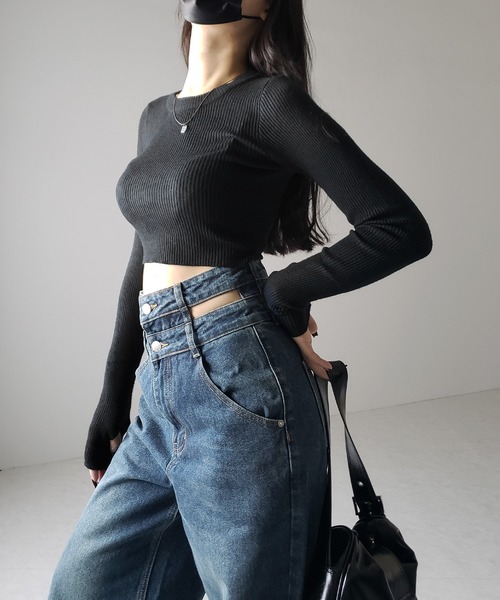 me+em select(ミームセレクト)の「【2color /4size 】カットアウトダブルハイウエストワイドデニム / cutout double high waist wide denim(デニムパンツ・レディース・ブルー/ブラック・MEDIUM/SMALL/X-LARGE/LARGE)」の14枚目の写真