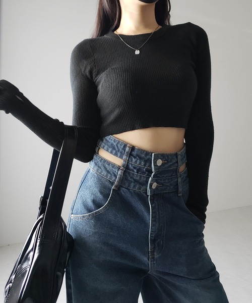 me+em select(ミームセレクト)の「【2color /4size 】カットアウトダブルハイウエストワイドデニム / cutout double high waist wide denim(デニムパンツ・レディース・ブルー/ブラック・MEDIUM/SMALL/X-LARGE/LARGE)」の15枚目の写真