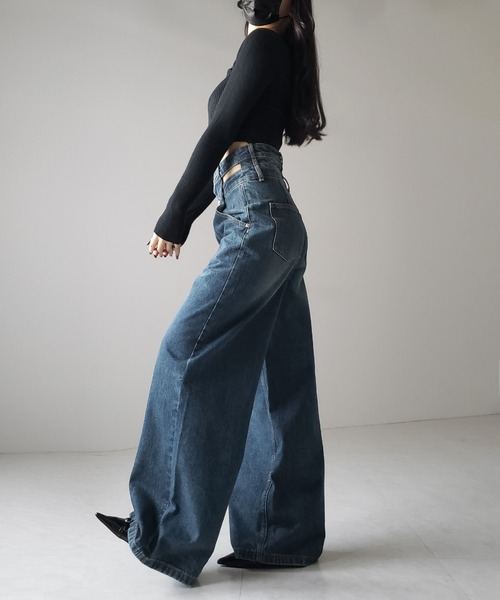 2color ／4size 】カットアウトダブルハイウエストワイドデニム