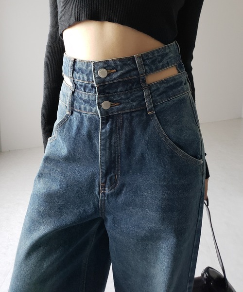 me+em select(ミームセレクト)の「【2color /4size 】カットアウトダブルハイウエストワイドデニム / cutout double high waist wide denim(デニムパンツ・レディース・ブルー/ブラック・MEDIUM/SMALL/X-LARGE/LARGE)」の3枚目の写真