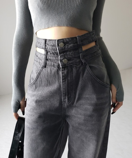 2color ／4size 】カットアウトダブルハイウエストワイドデニム
