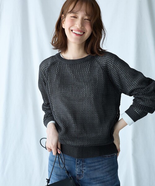 ANY(エニィ)の「ラメニットメッシュプルオーバー(ニット/セーター・レディース・黄土色系/グレー系・F)」の1枚目の写真
