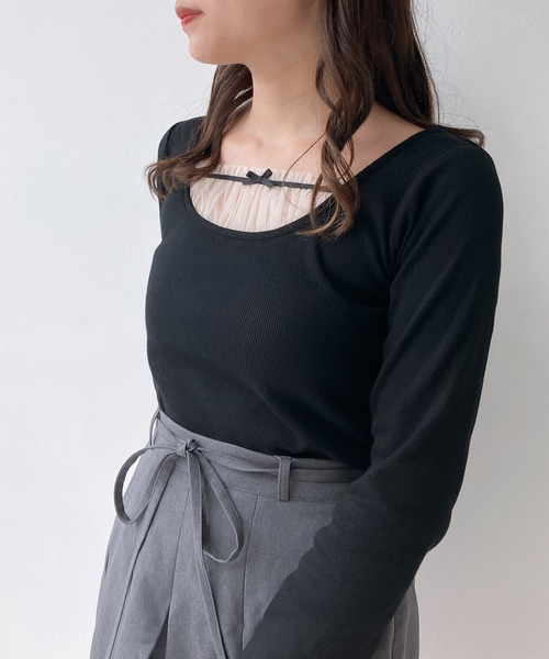 AS KNOW AS plus(アズノゥアズプラス)の「◇チュールドッキングリブメロウプルオーバー(Tシャツ/カットソー・レディース・アイボリー系/ブラウン系/ブラック・FREE)」の4枚目の写真