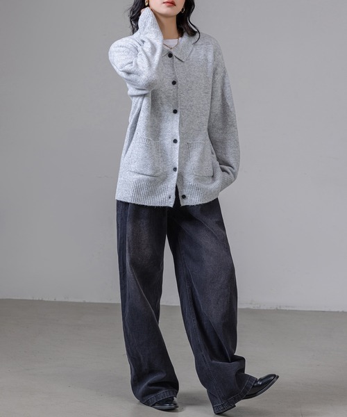 セール】2WAYで着こなせる。長袖リブニット襟付きカーディガン