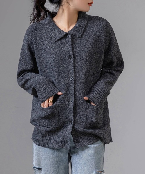DAY CLOSET(デイ クローゼット)の「2WAYで着こなせる。長袖リブニット襟付きカーディガン レディース(シャツ/ブラウス・レディース・ダークグレー/グリーン/ライトグレー/ブラウン・FREE)」の9枚目の写真