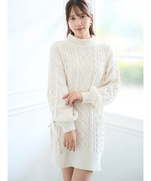 もちもちキラキラ】モールケーブルパールニットワンピース（ワンピース