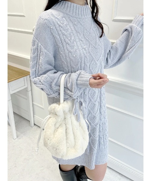 もちもちキラキラ】モールケーブルパールニットワンピース（ワンピース