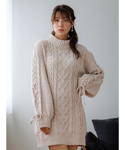 LUDIC PARK(ルディックパーク)の「【もちもちキラキラ】モールケーブルパールニットワンピース(ワンピース・レディース・ピンク/オフホワイト/サックスブルー・M)」の18枚目の写真