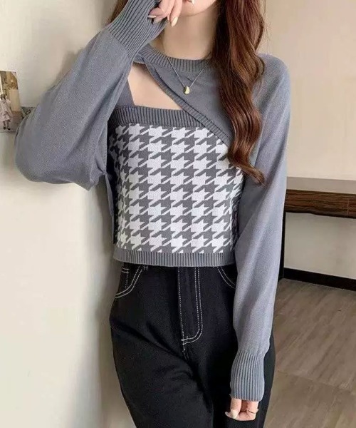LETee(レティー)の「千鳥柄インナー&イレギュラートップツインニット(ニット/セーター・レディース・ベージュ/ブラック/ブルー/グレー・FREE)」の3枚目の写真
