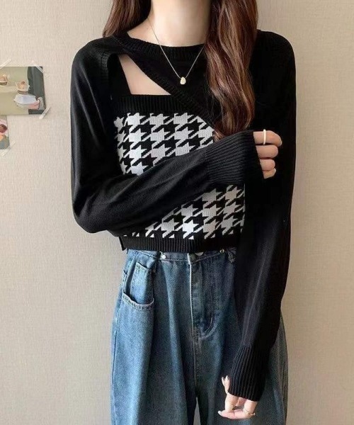 LETee(レティー)の「千鳥柄インナー&イレギュラートップツインニット(ニット/セーター・レディース・ベージュ/ブラック/ブルー/グレー・FREE)」の5枚目の写真