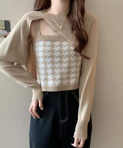 LETee(レティー)の「千鳥柄インナー&イレギュラートップツインニット(ニット/セーター・レディース・ベージュ/ブラック/ブルー/グレー・FREE)」の7枚目の写真