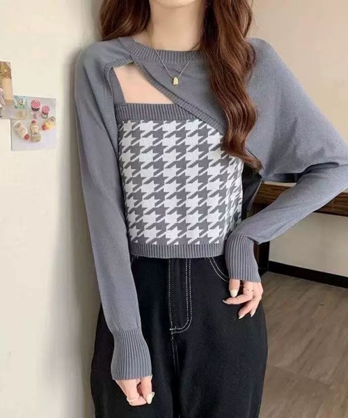 LETee(レティー)の「千鳥柄インナー&イレギュラートップツインニット(ニット/セーター・レディース・ベージュ/ブラック/ブルー/グレー・FREE)」の10枚目の写真