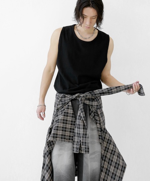 minsobi（ミンソビ）の「ダブルスリーブBIGチェックシャツ オーバーサイズ チェック柄ロングシャツ（シャツ/ブラウス・メンズ・レッド/ブラック・FREE）」の5枚目の写真