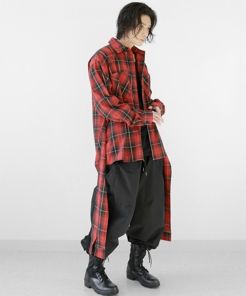 minsobi（ミンソビ）の「ダブルスリーブBIGチェックシャツ オーバーサイズ チェック柄ロングシャツ（シャツ/ブラウス・メンズ・レッド/ブラック・FREE）」の7枚目の写真