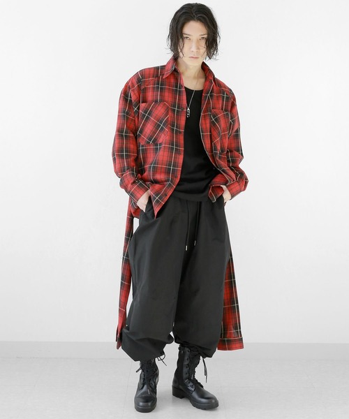 minsobi（ミンソビ）の「ダブルスリーブBIGチェックシャツ オーバーサイズ チェック柄ロングシャツ（シャツ/ブラウス・メンズ・レッド/ブラック・FREE）」の9枚目の写真