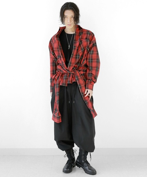minsobi（ミンソビ）の「ダブルスリーブBIGチェックシャツ オーバーサイズ チェック柄ロングシャツ（シャツ/ブラウス・メンズ・レッド/ブラック・FREE）」の11枚目の写真
