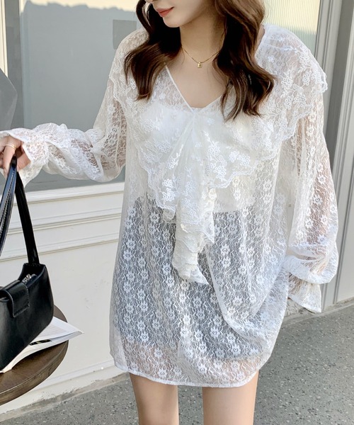 【CUPSHE】シースルーフリルマキシカバーアップサロン ビックフリルシースルートップス（Tシャツ/カットソー）｜Vipoa