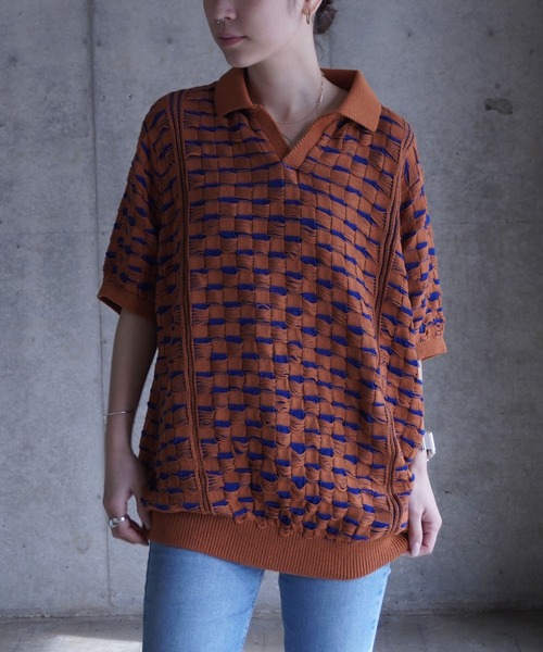 grapevine by k3(グレープバインバイケースリー)の「CHESS SHORT SLEEVES TOP(ニット/セーター・メンズ・バーガンディー/ベージュ/グリーン・L)」の3枚目の写真