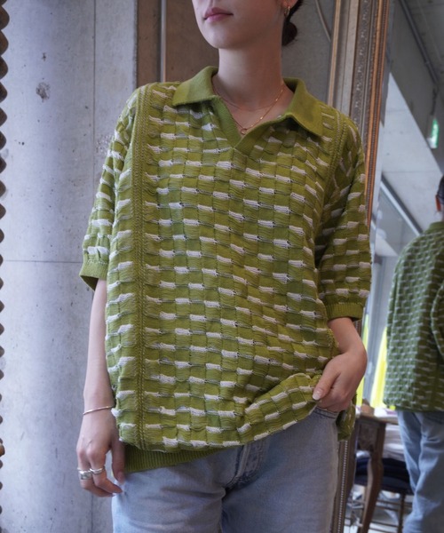 grapevine by k3(グレープバインバイケースリー)の「CHESS SHORT SLEEVES TOP(ニット/セーター・メンズ・バーガンディー/ベージュ/グリーン・L)」の1枚目の写真