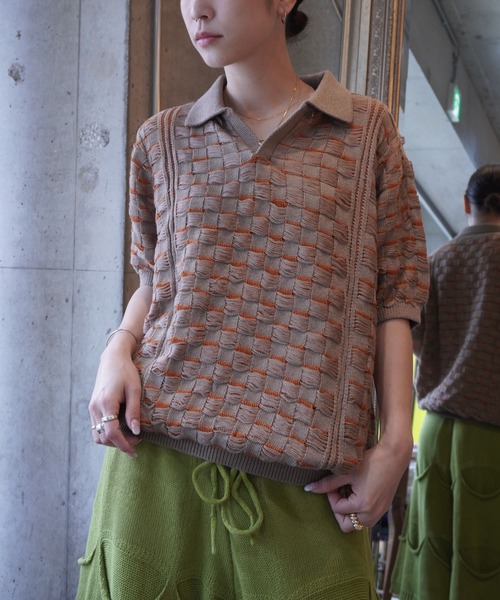 grapevine by k3(グレープバインバイケースリー)の「CHESS SHORT SLEEVES TOP(ニット/セーター・メンズ・バーガンディー/ベージュ/グリーン・L)」の4枚目の写真