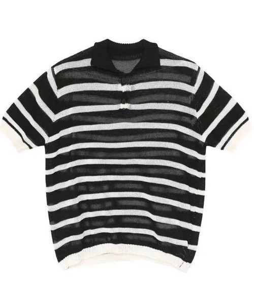 FreeZone（フリーゾーン）の「ボーダーニットポロシャツ（Tシャツ/カットソー・メンズ・ブラウン/グレー/ブラック・F）」の2枚目の写真