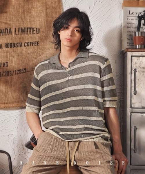 FreeZone（フリーゾーン）の「ボーダーニットポロシャツ（Tシャツ/カットソー・メンズ・ブラウン/グレー/ブラック・F）」の4枚目の写真