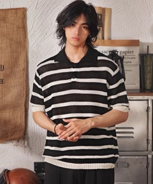 FreeZone（フリーゾーン）の「ボーダーニットポロシャツ（Tシャツ/カットソー・メンズ・ブラウン/グレー/ブラック・F）」の5枚目の写真