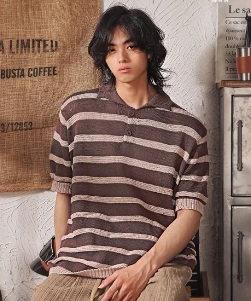 FreeZone（フリーゾーン）の「ボーダーニットポロシャツ（Tシャツ/カットソー・メンズ・ブラウン/グレー/ブラック・F）」の7枚目の写真