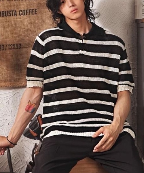 FreeZone（フリーゾーン）の「ボーダーニットポロシャツ（Tシャツ/カットソー・メンズ・ブラウン/グレー/ブラック・F）」の8枚目の写真