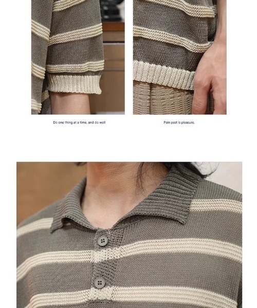 FreeZone（フリーゾーン）の「ボーダーニットポロシャツ（Tシャツ/カットソー・メンズ・ブラウン/グレー/ブラック・F）」の10枚目の写真