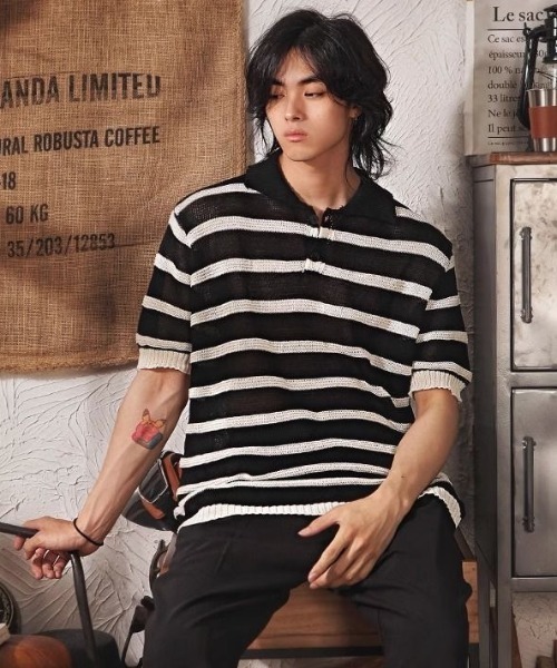 FreeZone（フリーゾーン）の「ボーダーニットポロシャツ（Tシャツ/カットソー・メンズ・ブラウン/グレー/ブラック・F）」の12枚目の写真