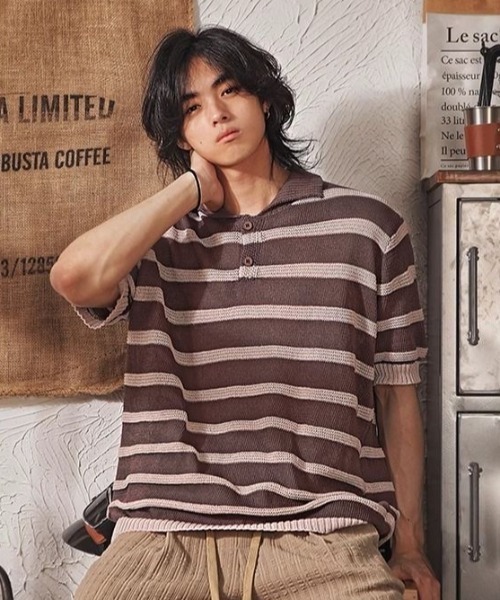 FreeZone（フリーゾーン）の「ボーダーニットポロシャツ（Tシャツ/カットソー・メンズ・ブラウン/グレー/ブラック・F）」の14枚目の写真