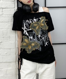 lilful（リルフル）の「サイドドロストリボン ワンショル バタフライモチーフ ダメージ加工ビッグTシャツ（Tシャツ/カットソー）」