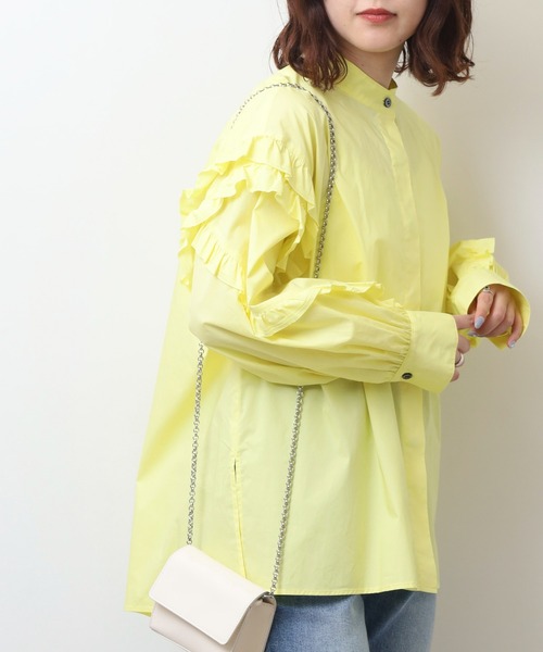 EGLANTINE(エグランティーヌ)の「EGLANTINE フリル袖ブラウス ノーカラー長袖シャツ(シャツ/ブラウス・レディース・ネイビー/オフホワイト/イエロー・40)」の3枚目の写真