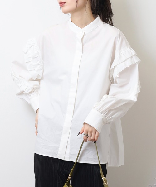 EGLANTINE(エグランティーヌ)の「EGLANTINE フリル袖ブラウス ノーカラー長袖シャツ(シャツ/ブラウス・レディース・ネイビー/オフホワイト/イエロー・40)」の4枚目の写真