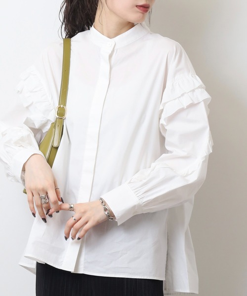 EGLANTINE(エグランティーヌ)の「EGLANTINE フリル袖ブラウス ノーカラー長袖シャツ(シャツ/ブラウス・レディース・ネイビー/オフホワイト/イエロー・40)」の5枚目の写真