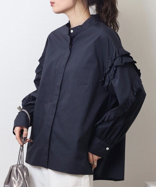 EGLANTINE(エグランティーヌ)の「EGLANTINE フリル袖ブラウス ノーカラー長袖シャツ(シャツ/ブラウス・レディース・ネイビー/オフホワイト/イエロー・40)」の8枚目の写真