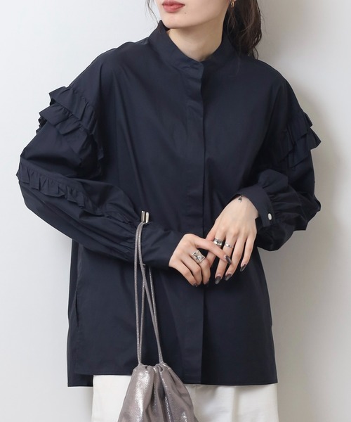 EGLANTINE(エグランティーヌ)の「EGLANTINE フリル袖ブラウス ノーカラー長袖シャツ(シャツ/ブラウス・レディース・ネイビー/オフホワイト/イエロー・40)」の9枚目の写真
