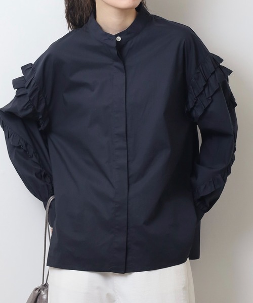 EGLANTINE(エグランティーヌ)の「EGLANTINE フリル袖ブラウス ノーカラー長袖シャツ(シャツ/ブラウス・レディース・ネイビー/オフホワイト/イエロー・40)」の10枚目の写真