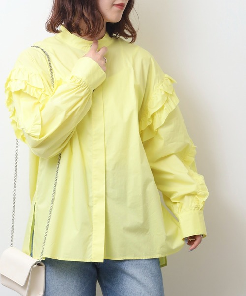 EGLANTINE(エグランティーヌ)の「EGLANTINE フリル袖ブラウス ノーカラー長袖シャツ(シャツ/ブラウス・レディース・ネイビー/オフホワイト/イエロー・40)」の12枚目の写真