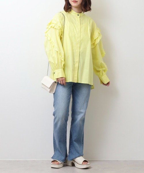 EGLANTINE(エグランティーヌ)の「EGLANTINE フリル袖ブラウス ノーカラー長袖シャツ(シャツ/ブラウス・レディース・ネイビー/オフホワイト/イエロー・40)」の15枚目の写真