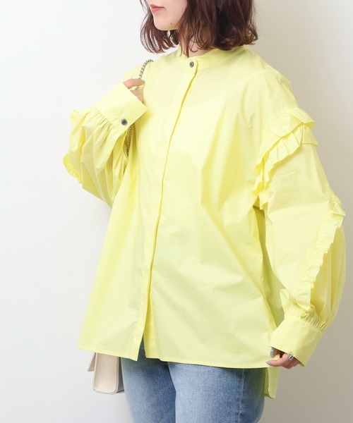 EGLANTINE(エグランティーヌ)の「EGLANTINE フリル袖ブラウス ノーカラー長袖シャツ(シャツ/ブラウス・レディース・ネイビー/オフホワイト/イエロー・40)」の13枚目の写真
