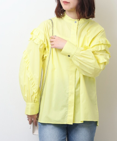 EGLANTINE(エグランティーヌ)の「EGLANTINE フリル袖ブラウス ノーカラー長袖シャツ(シャツ/ブラウス・レディース・ネイビー/オフホワイト/イエロー・40)」の14枚目の写真