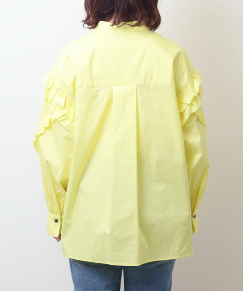 EGLANTINE(エグランティーヌ)の「EGLANTINE フリル袖ブラウス ノーカラー長袖シャツ(シャツ/ブラウス・レディース・ネイビー/オフホワイト/イエロー・40)」の18枚目の写真