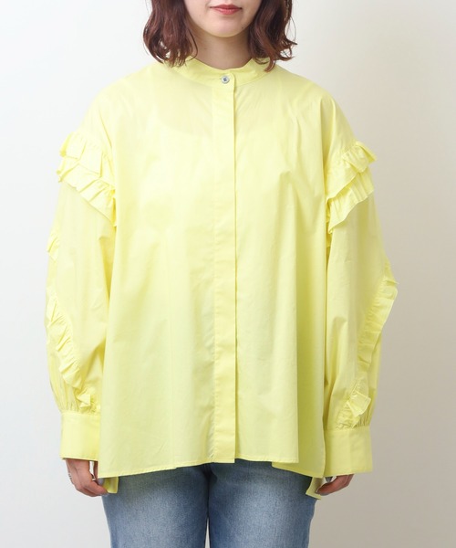 EGLANTINE(エグランティーヌ)の「EGLANTINE フリル袖ブラウス ノーカラー長袖シャツ(シャツ/ブラウス・レディース・ネイビー/オフホワイト/イエロー・40)」の16枚目の写真
