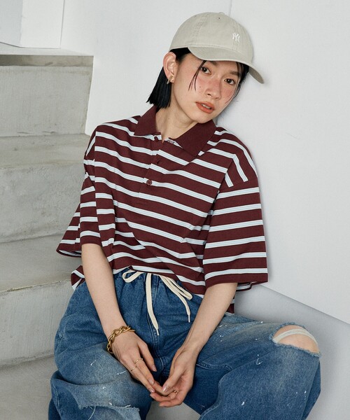 FREAK'S STORE(フリークスストア)の「マルチボーダー ポロシャツ(Tシャツ/カットソー・レディース・グレー/ダークブラウン/ピンク/ネイビー・フリ-)」の17枚目の写真